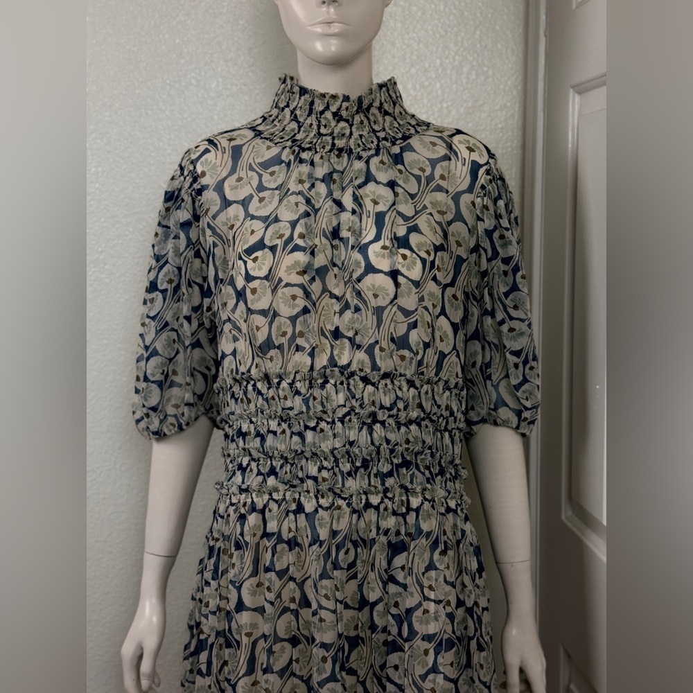 Rebecca Taylor Cottagecore Floral Blue and Cream Long Dress Size 12 F45 - Picture 6 of 16